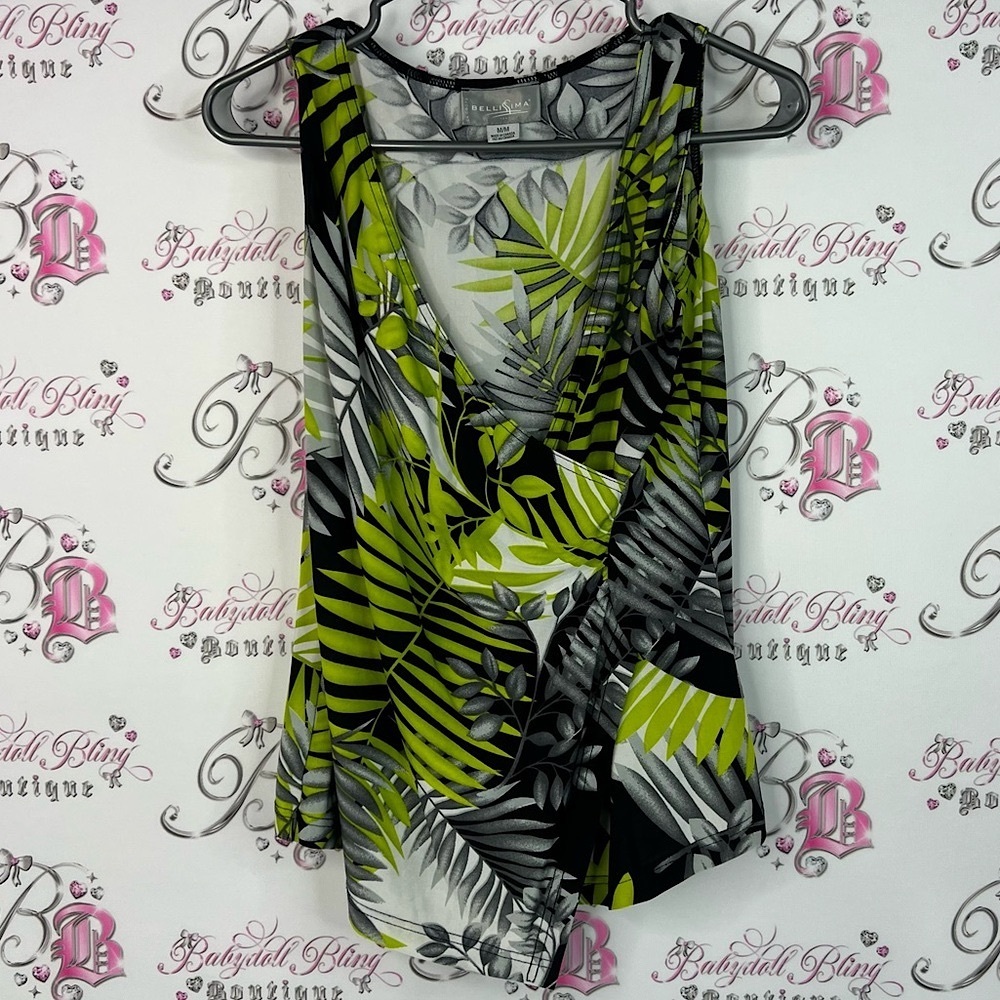 Bellisima tank top Vneck stretchy fairy hem Vibrant Leaf Print Tank Top
